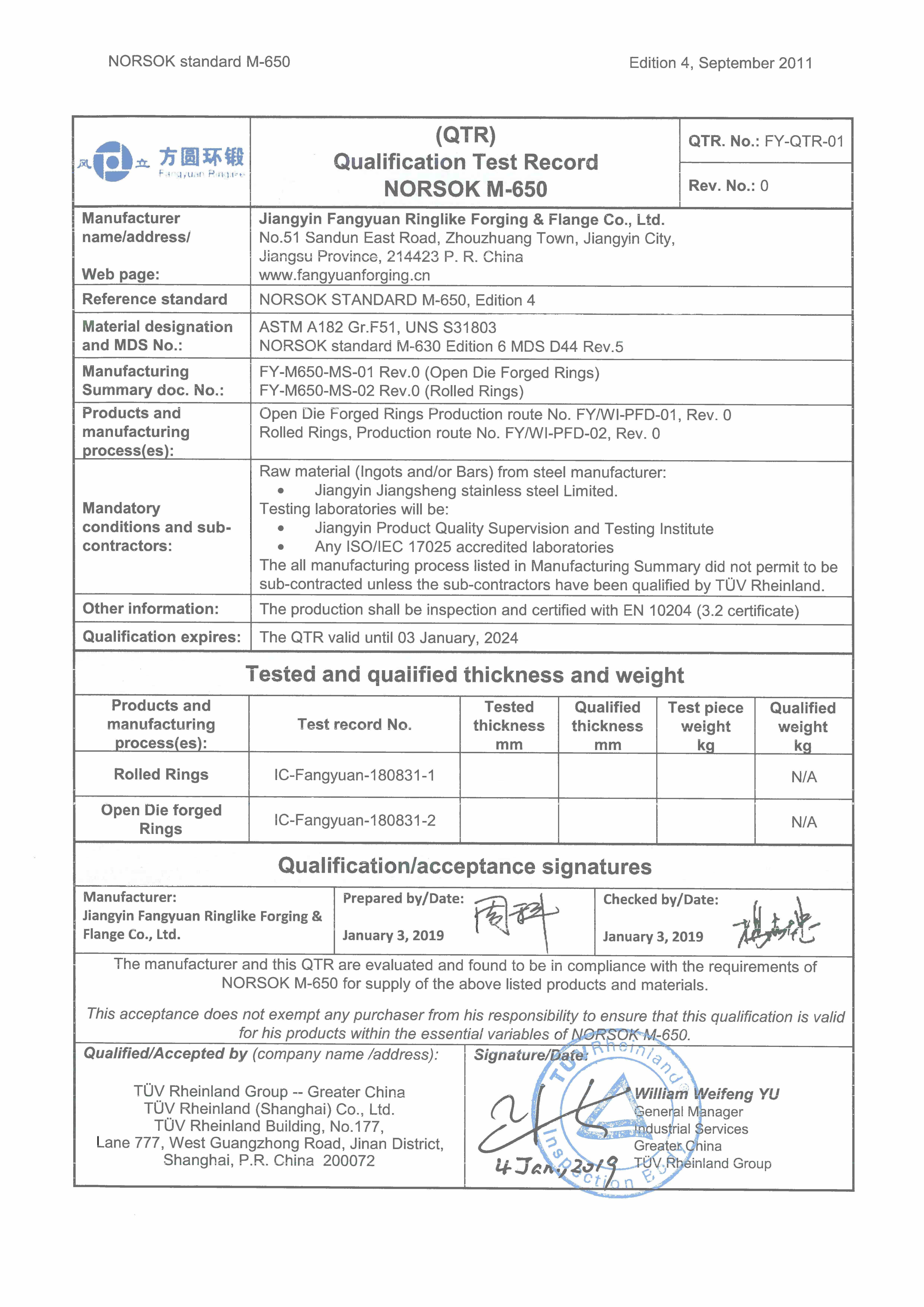 শরীর ও বন্ধন নোরস্ক এম 650, পেড 2014/68 / ইইউ, উপাদান এএসটিএম F51, এএসটিএম F53
